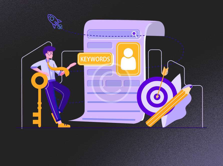 Grafika przedstawiająca osobę z kluczem i elementy związane z SEO