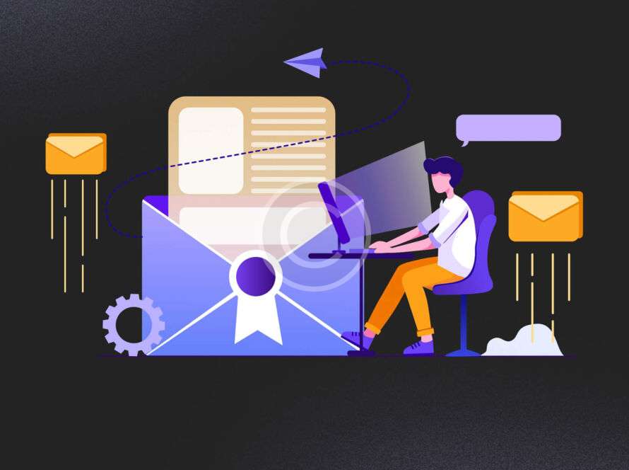 Grafika ilustracyjna przedstawiająca osobę przy komputerze z symbolami e-mail.
