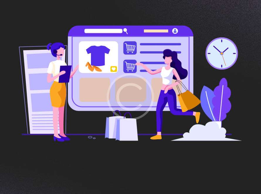 Ilustracja zakupów online z kobietami przeglądającymi produkty
