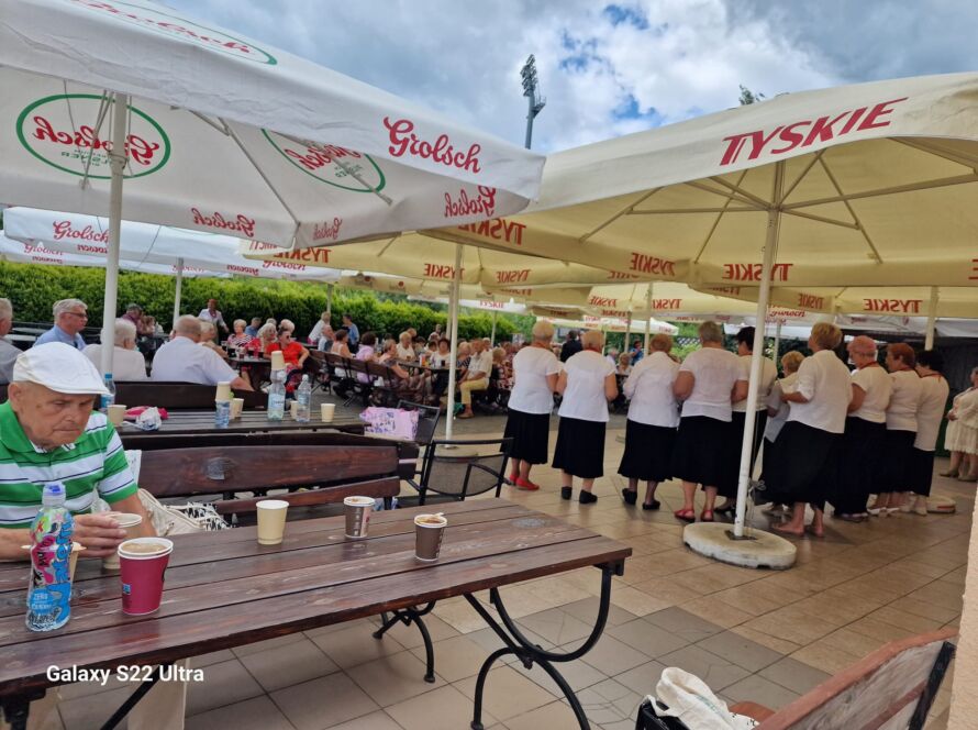 Outdoor gathering with elderly people under large umbrellas